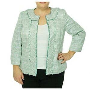 Kasper Tweed Blazer Jacket 10 Preppy Green White Gold Metallic Open Front